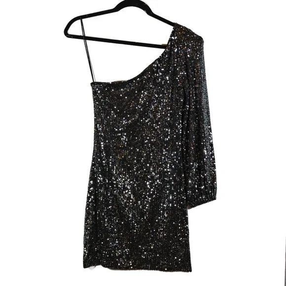 Bb Dakota Dresses | New Bb Dakota Sequin Skater Sparkle Glitter Embellished One Shoulder Mini Dress | Color: Black/Silver | Size: S | Boutiquegalore's
